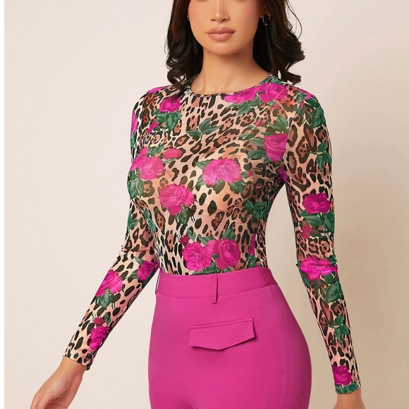 Rouge! Tops - Pink Floral Cheetah Animal Print Mesh Long Sleeve Shirt